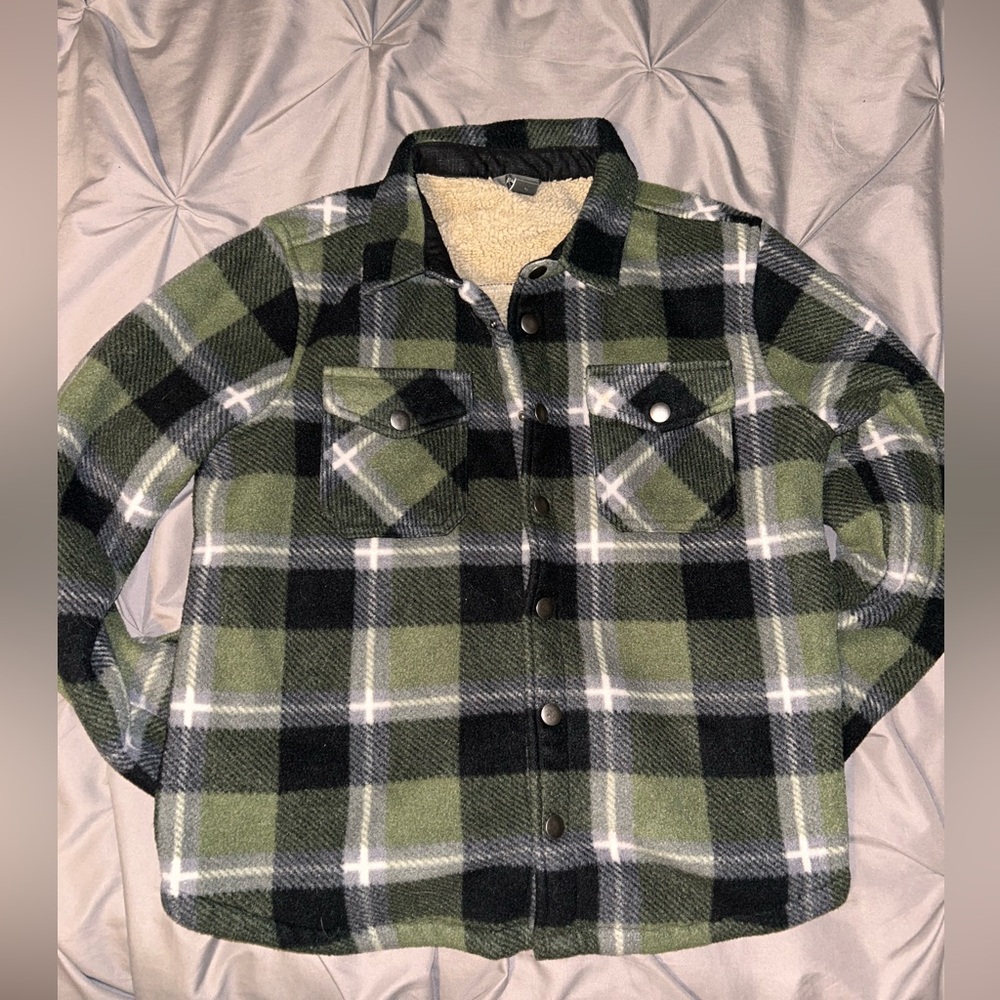 Eddie Bauer Green Black Plaid Snap Up Flannel Fleece Size 10-12 See Pics 4 Wear*
